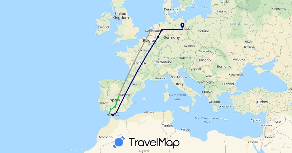 TravelMap itinerary: driving, bus, plane in Germany, Spain, Gibraltar, Netherlands (Europe)